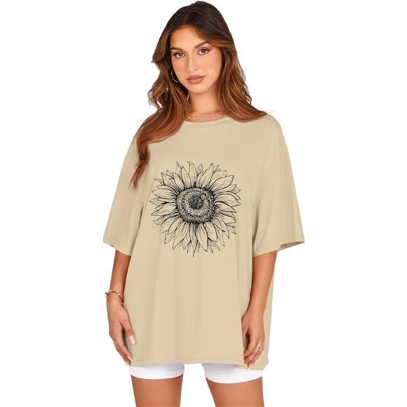 Womens Oversized Graphic T-Shirt - Crew Neck Summer Short Sleeve Loose Fit Top - Picture 2 of 7